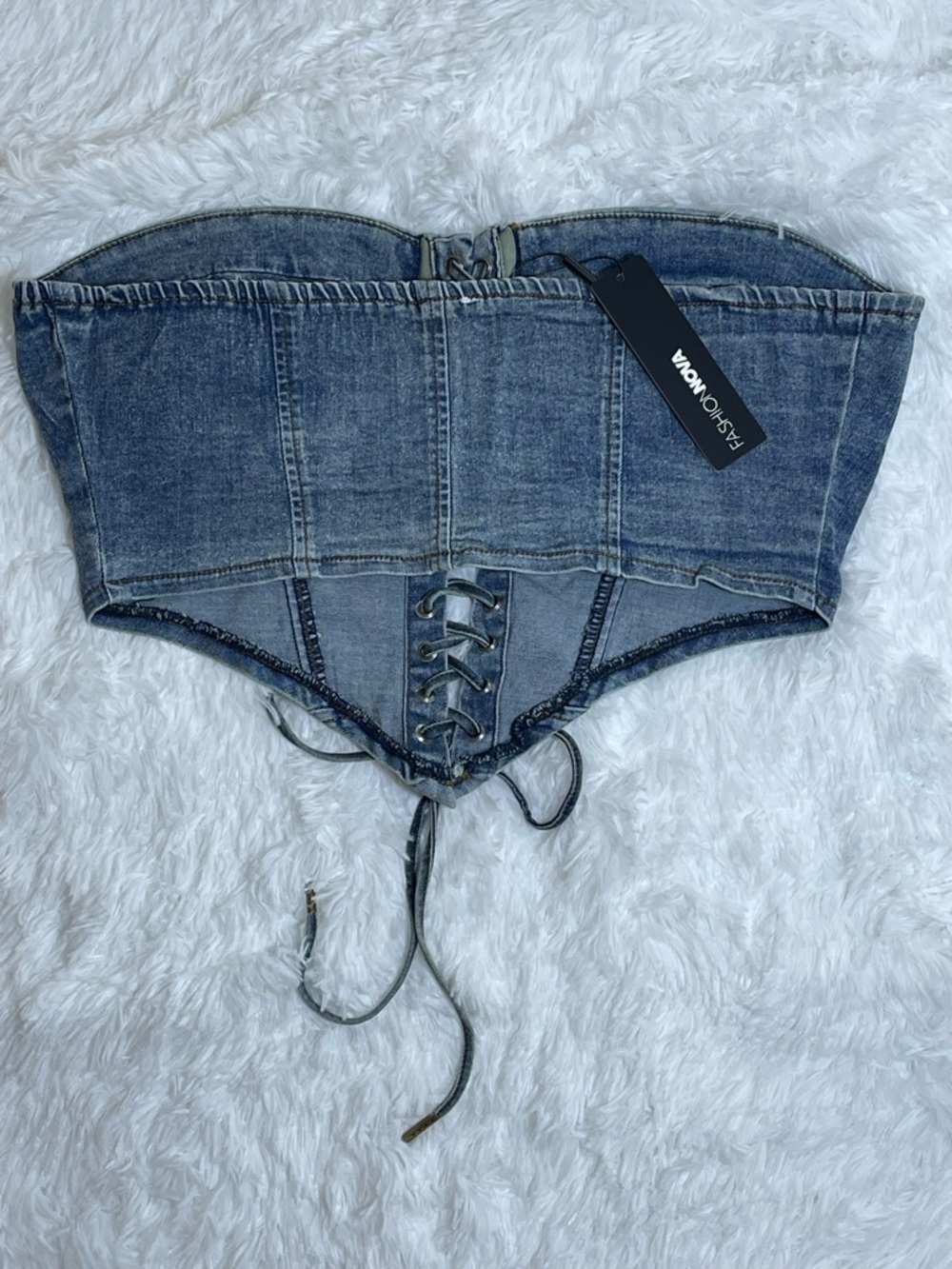 Fashion Nova Women’s MediumWash Denim Lace-Up Corset Crop Top Size XL NWT - Picture 3 of 10